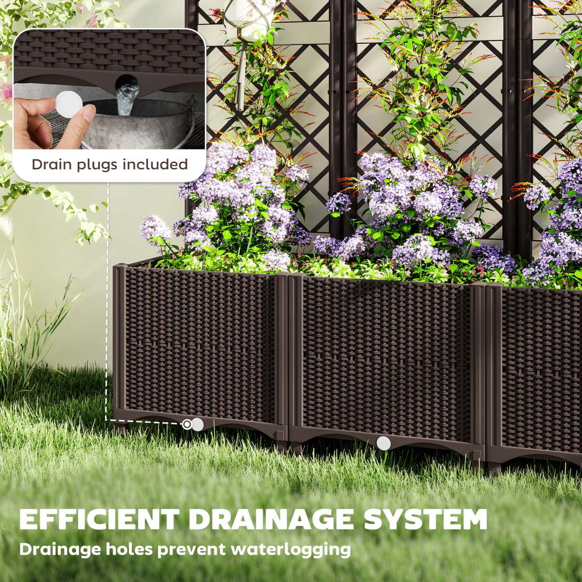 Outsunny Plastic Planter Box with Trellis and Drain Plugs – Vertical Vegetable Garden Raised Bed, Brown