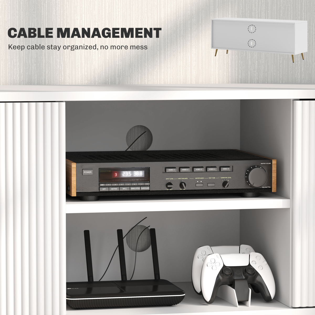 HOMCOM Modern TV Stand Cabinet with Cupboards, Open Shelves & Cable Holes – Storage for TVs up to 55 Inch, White