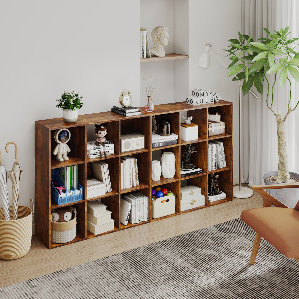 9-Cube Bookcase Storage Cabinet – Cube Shelving Unit for Living Room and Office, 91.5 x 91.5cm, Rustic Brown