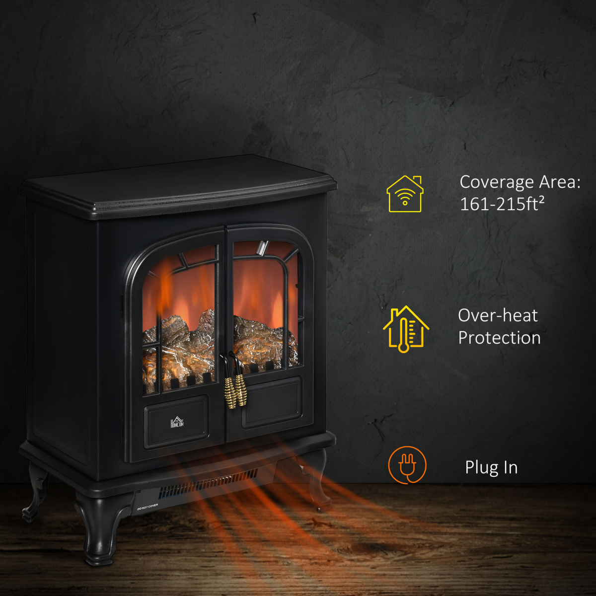 HOMCOM Freestanding Electric Fireplace with LED Flame Effect, Double Doors and 1000W/2000W Heating – Black