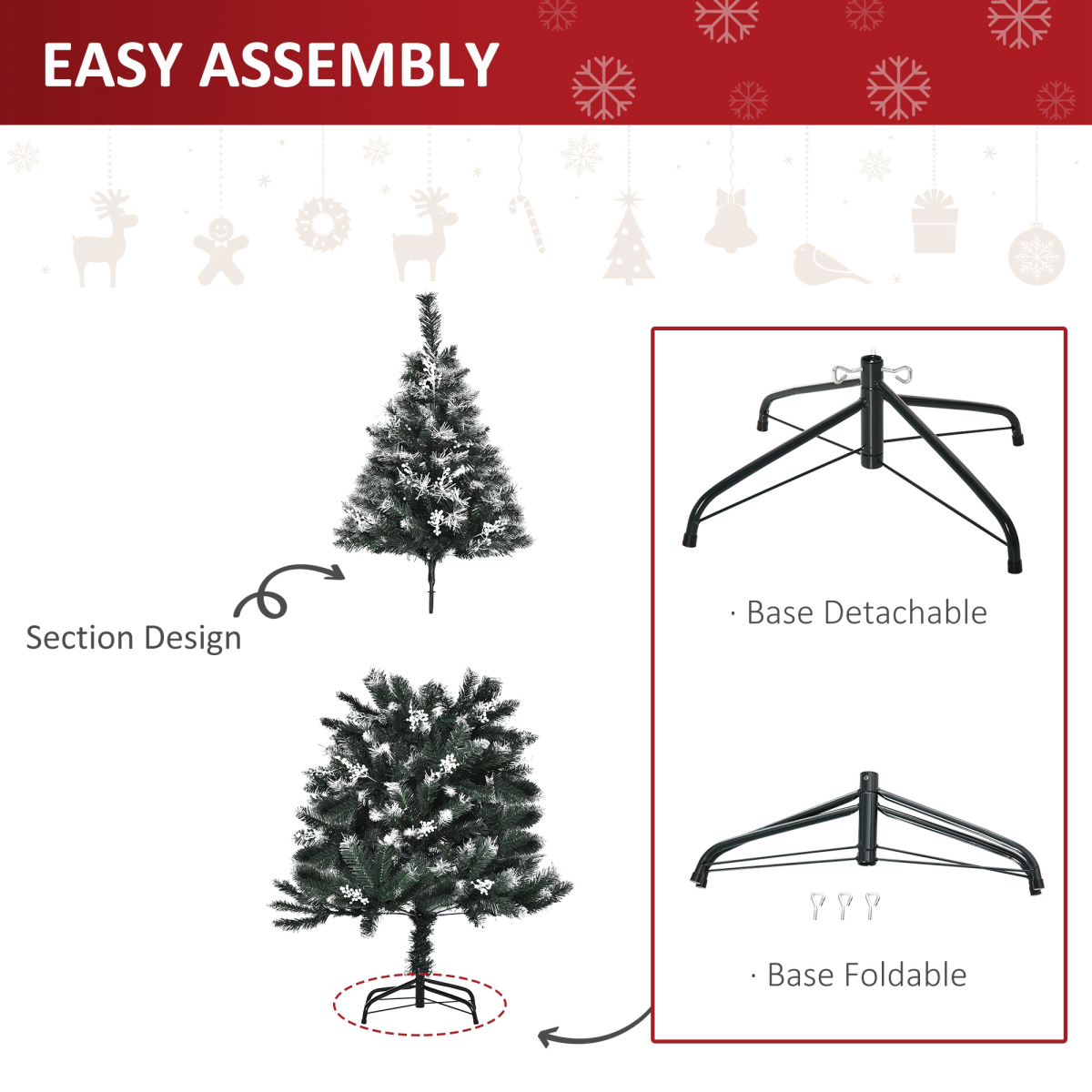 HOMCOM 5ft Artificial Snow-Dipped Christmas Tree with White Berries and Star Topper Branch – Green