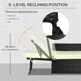 Outsunny 5-Level Adjustable Rattan Sun Lounger Set with Storage Footstools & Glass Side Table – Black
