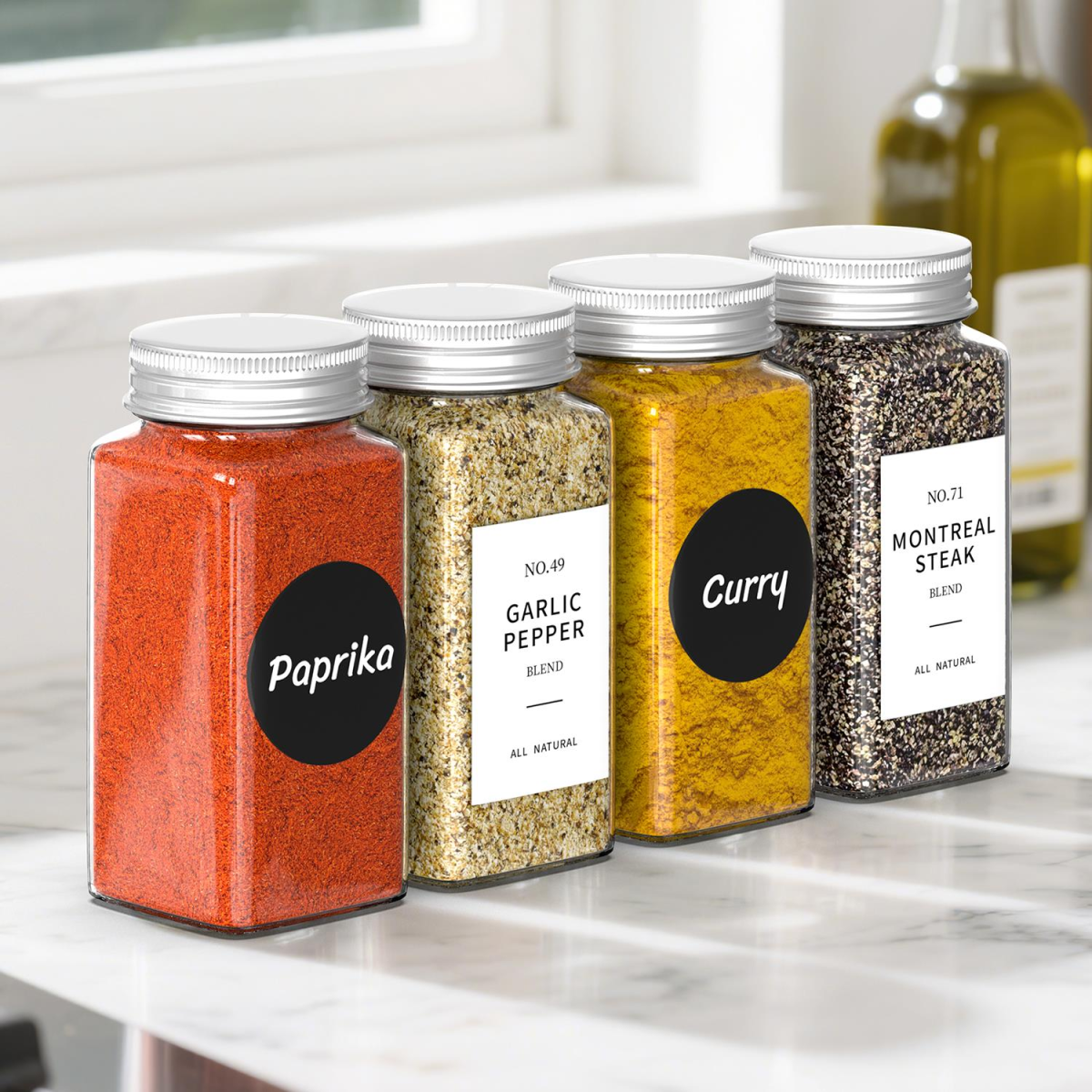 VINSANI 25-Piece Glass Spice Jar Set with Airtight Lids – Reusable Kitchen Storage Jars
