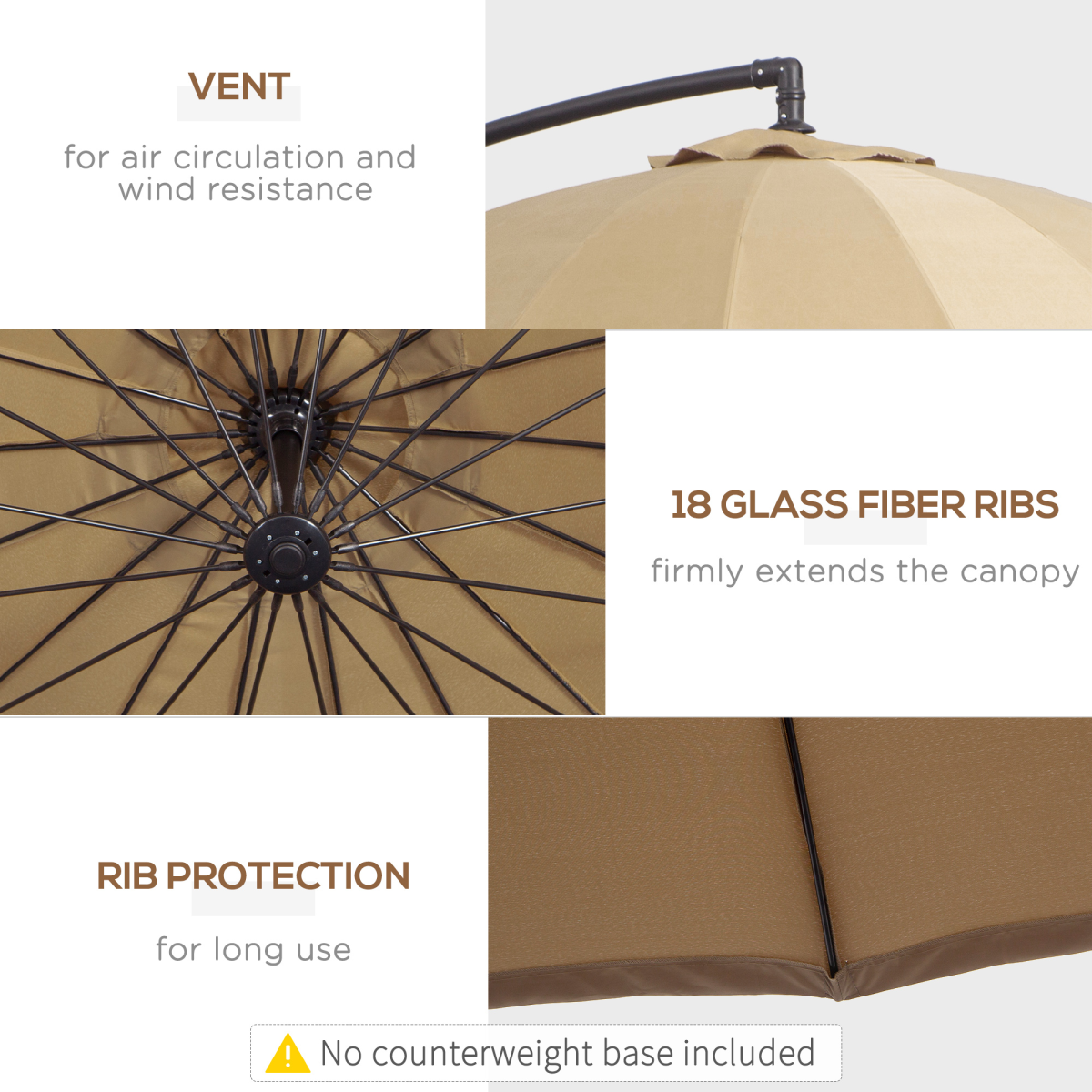 Outsunny 3m Cantilever Patio Parasol with Crank Handle, 18 Fibreglass Ribs & Cross Base – Offset Garden Shade, Khaki