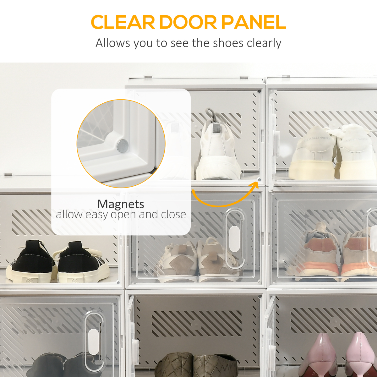 HOMCOM Clear Stackable Shoe Boxes, Set of 18 – Magnetic Doors, Fits up to UK Size 12, 28 x 36 x 21cm