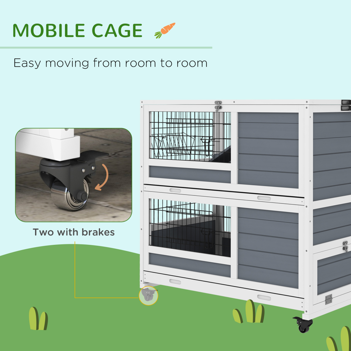 Double-Decker Rabbit Hutch Playpen Cage with Ramps, Sliding Trays & Feeding Trough – Indoor Small Animal Home for 1–2 Rabbits, White & Grey