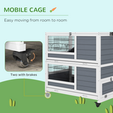 Double-Decker Rabbit Hutch Playpen Cage with Ramps, Sliding Trays & Feeding Trough – Indoor Small Animal Home for 1–2 Rabbits, White & Grey