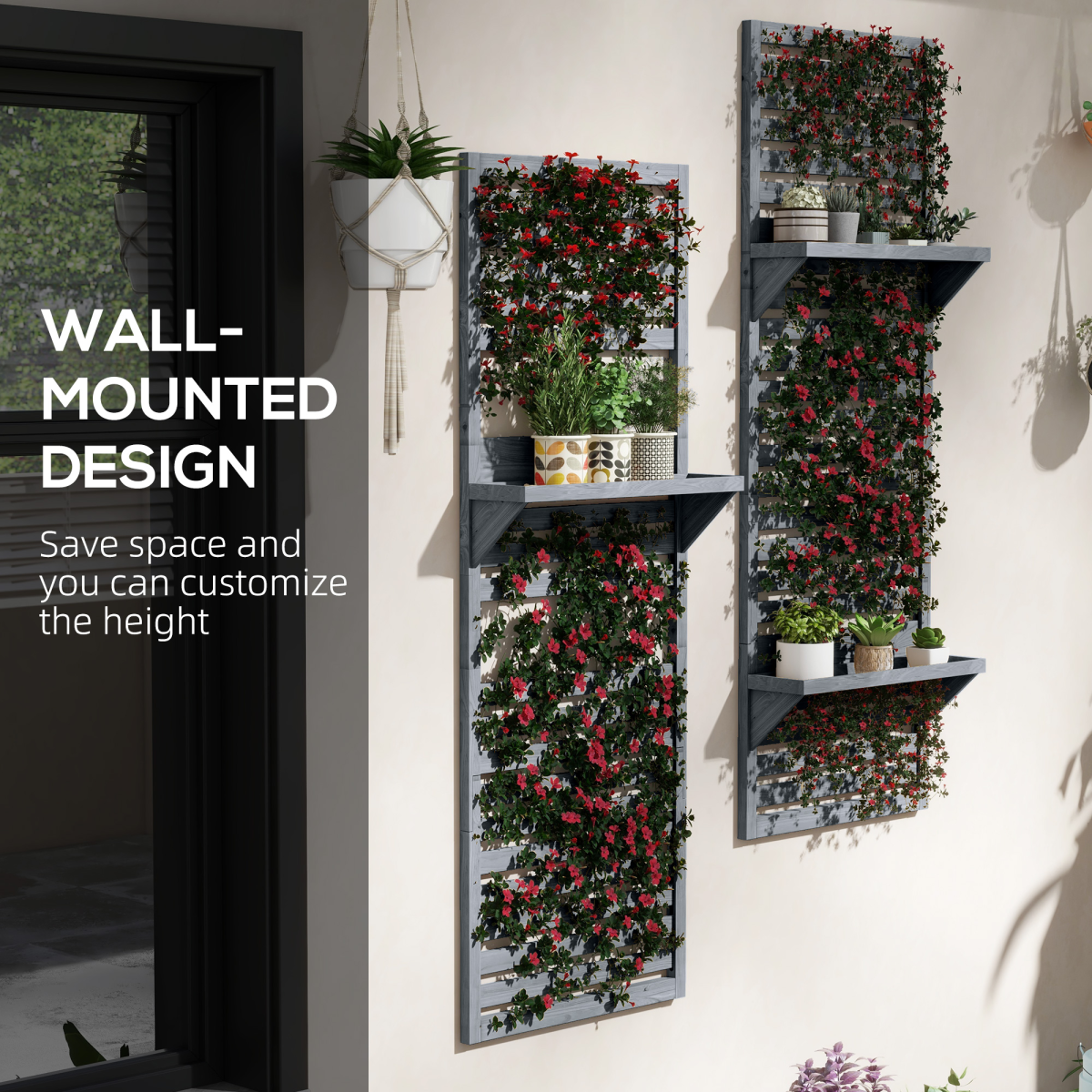 Outsunny Set of 2 Wall Mounted Plant Stands with Shelves & Slatted Trellis – Fir Wood Planters, Grey