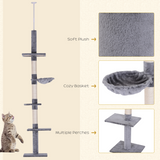 PawHut 5-Tier Cat Tree with Scratching Post, Floor to Ceiling Adjustable 230–260cm – Kitten Climbing Tower