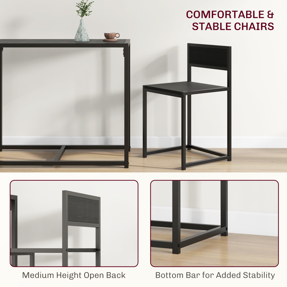 HOMCOM 3 Piece Metal Frame Dining Table & Stool Set – Compact Kitchen Dining for Two, Black