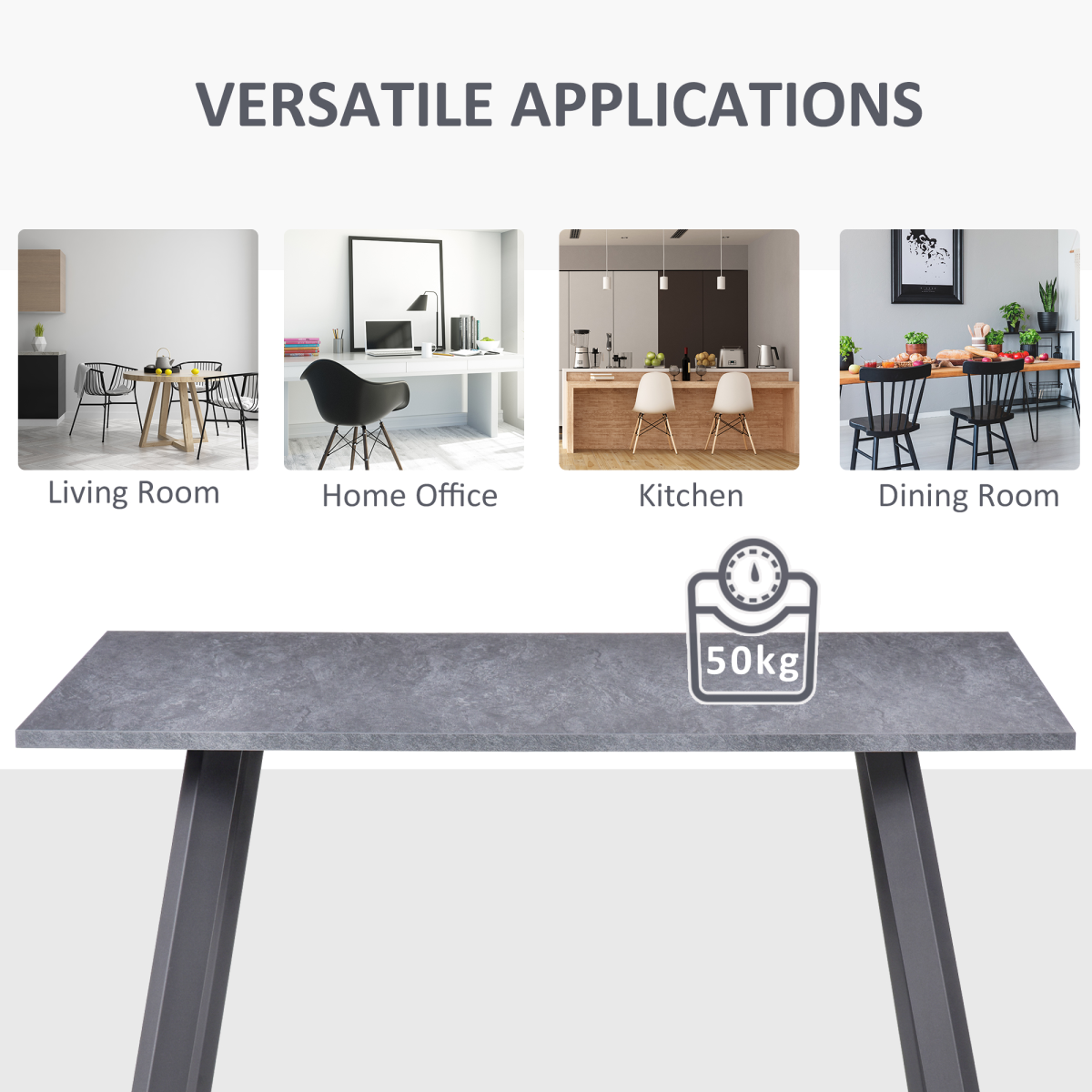 Modern Rectangular Dining Table with Powder-Coated Metal Legs & Adjustable Feet – Seats Four, Dark Grey