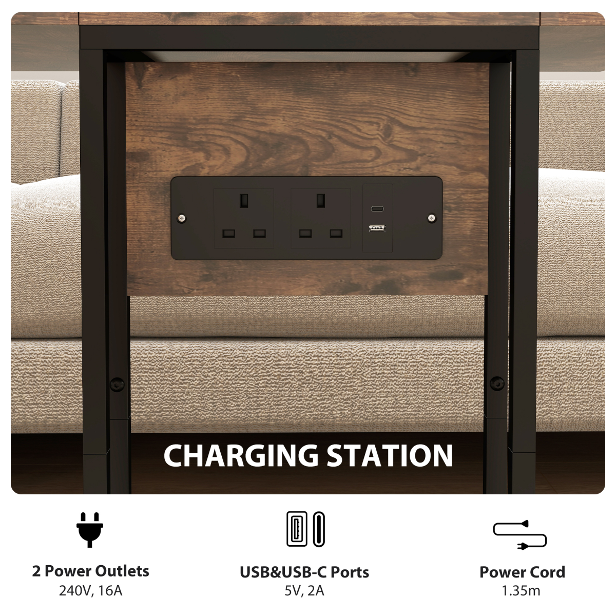 HOMCOM C Shaped Side Table with Charging Station and Foldable Top – Space-Saving, Rustic Brown and Black