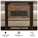 HOMCOM C Shaped Side Table with Charging Station and Foldable Top – Space-Saving, Rustic Brown and Black