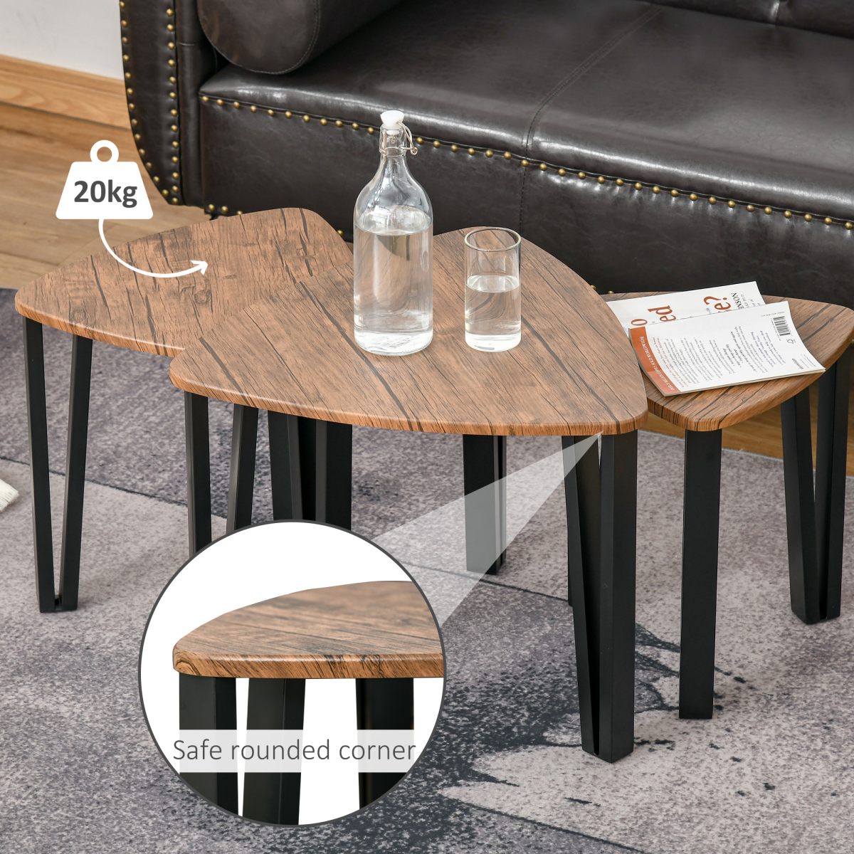 3-Piece Stackable Coffee Table Set with Walnut-Effect MDF Tops & Steel Frames – Nesting Tables