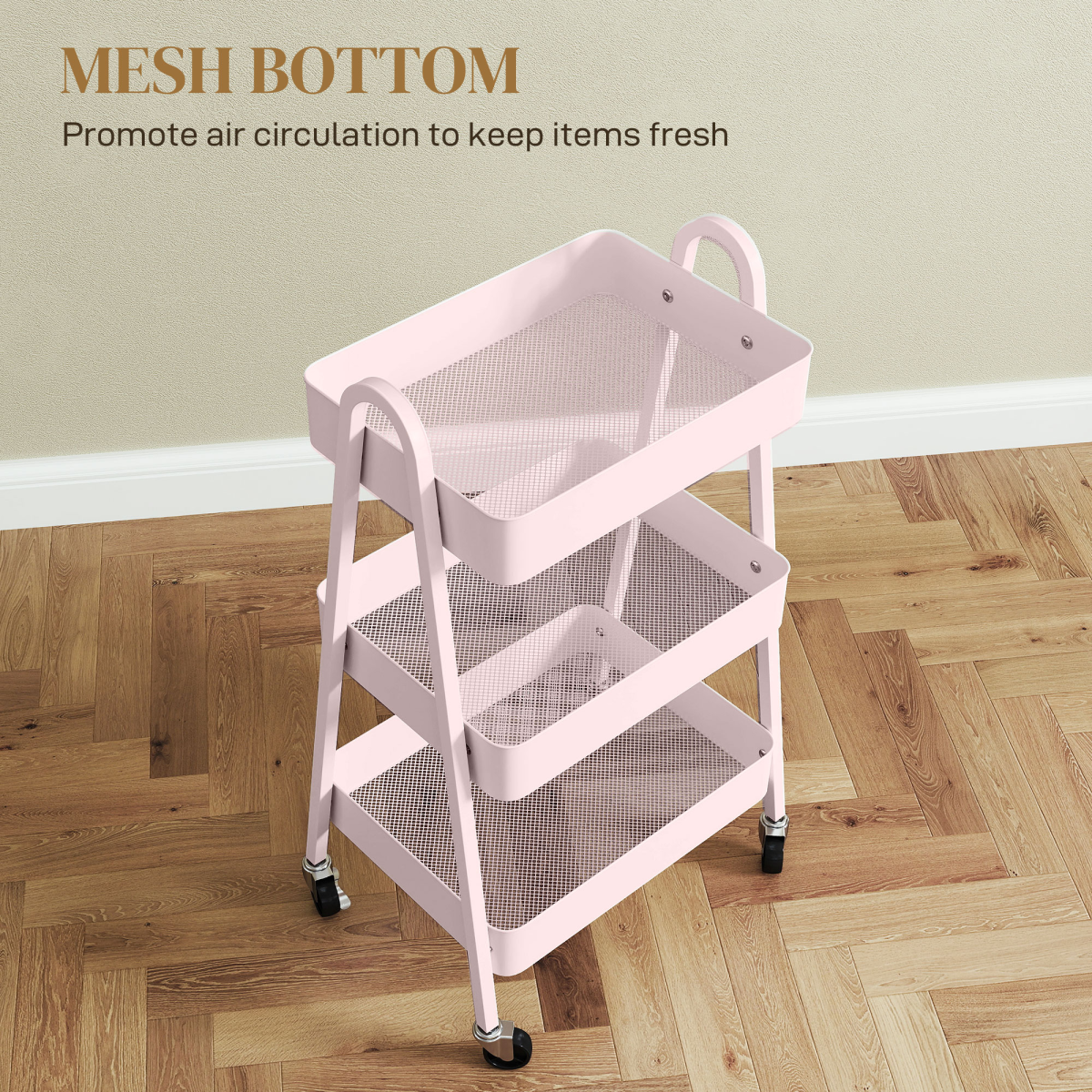 HOMCOM 3-Tier Rolling Utility Cart with Mesh Trays – Kitchen Storage Trolley, Pink