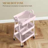 HOMCOM 3-Tier Rolling Utility Cart with Mesh Trays – Kitchen Storage Trolley, Pink