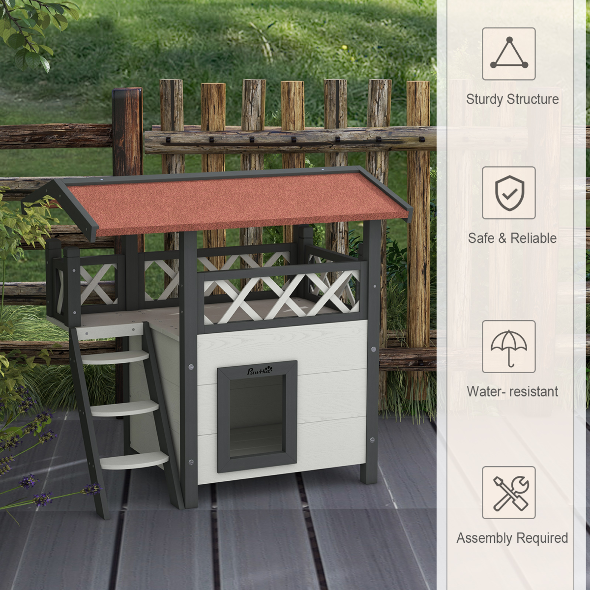 PawHut Outdoor Cat House with Balcony, Stairs and Asphalt Roof – Elevated Fir Wood Cat Shelter