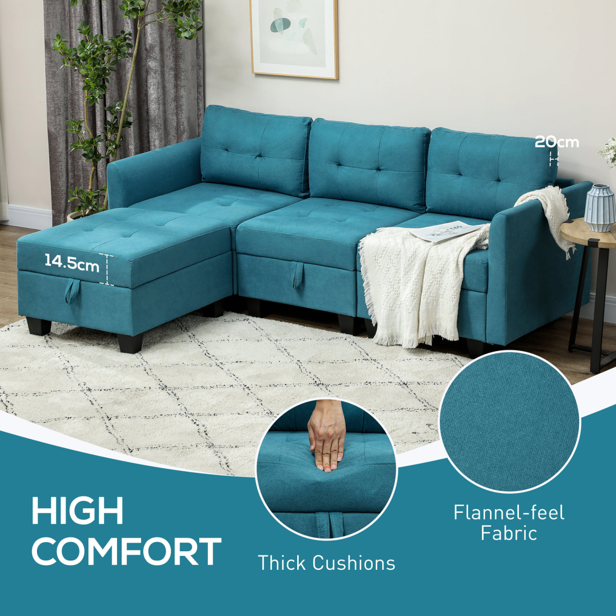 HOMCOM Convertible Modular Sectional Sofa with Built-In Storage – L-Shape Family Seating, Light Blue