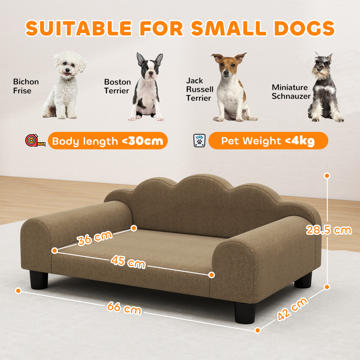 Dog Bed Pet Sofa with Backrest & Armrests, Soft Terry-Style Fabric – Cosy Raised Bed for Small Dogs up to 4kg, Brown
