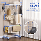 HOMCOM Foldable Three-Tier Clothes Drying Rack with Casters and Brakes – Steel Garment Airer, Blue