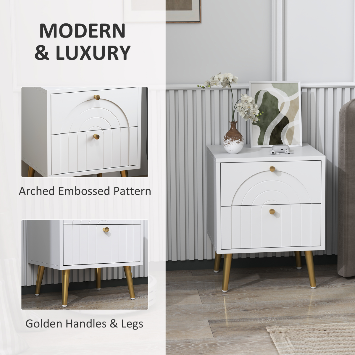 HOMCOM Set of 2 Bedside Tables with 2 Drawers – Arched Embossed Design with Gold Tone Pulls, White