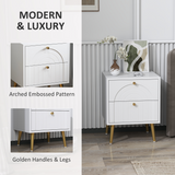 HOMCOM Set of 2 Bedside Tables with 2 Drawers – Arched Embossed Design with Gold Tone Pulls, White