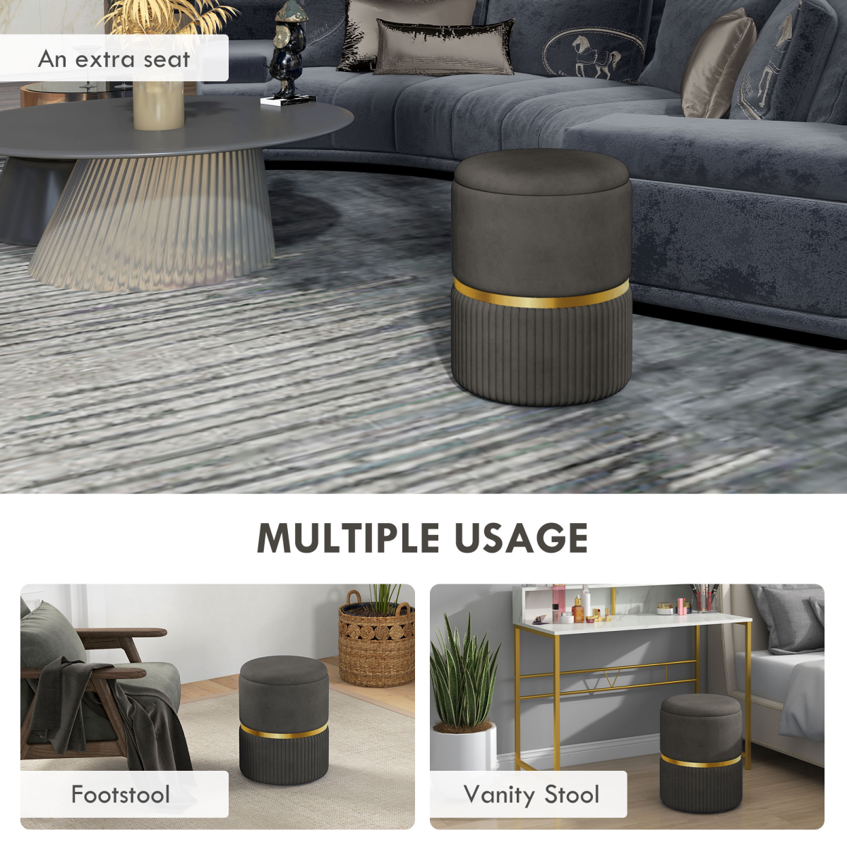 HOMCOM Fluted Round Storage Pouffe with Cushioned Lift-Off Top – Footstool, Shoe Stool and Makeup Seat