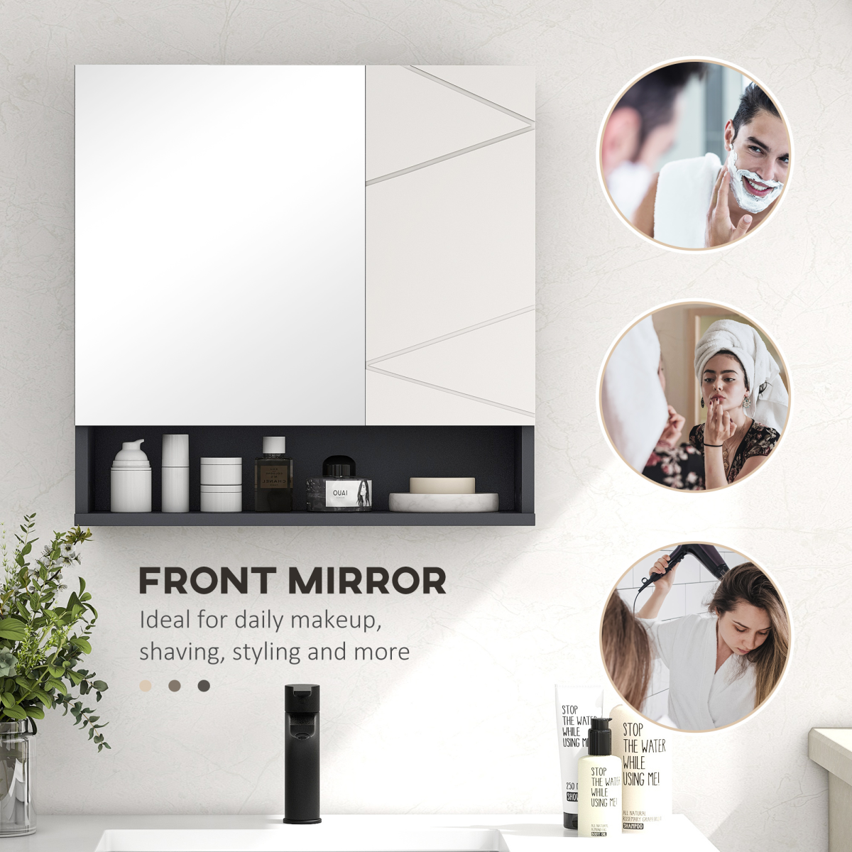 kleankin Wall Mounted Bathroom Storage Cupboard with Mirror and Shelf, Light Grey