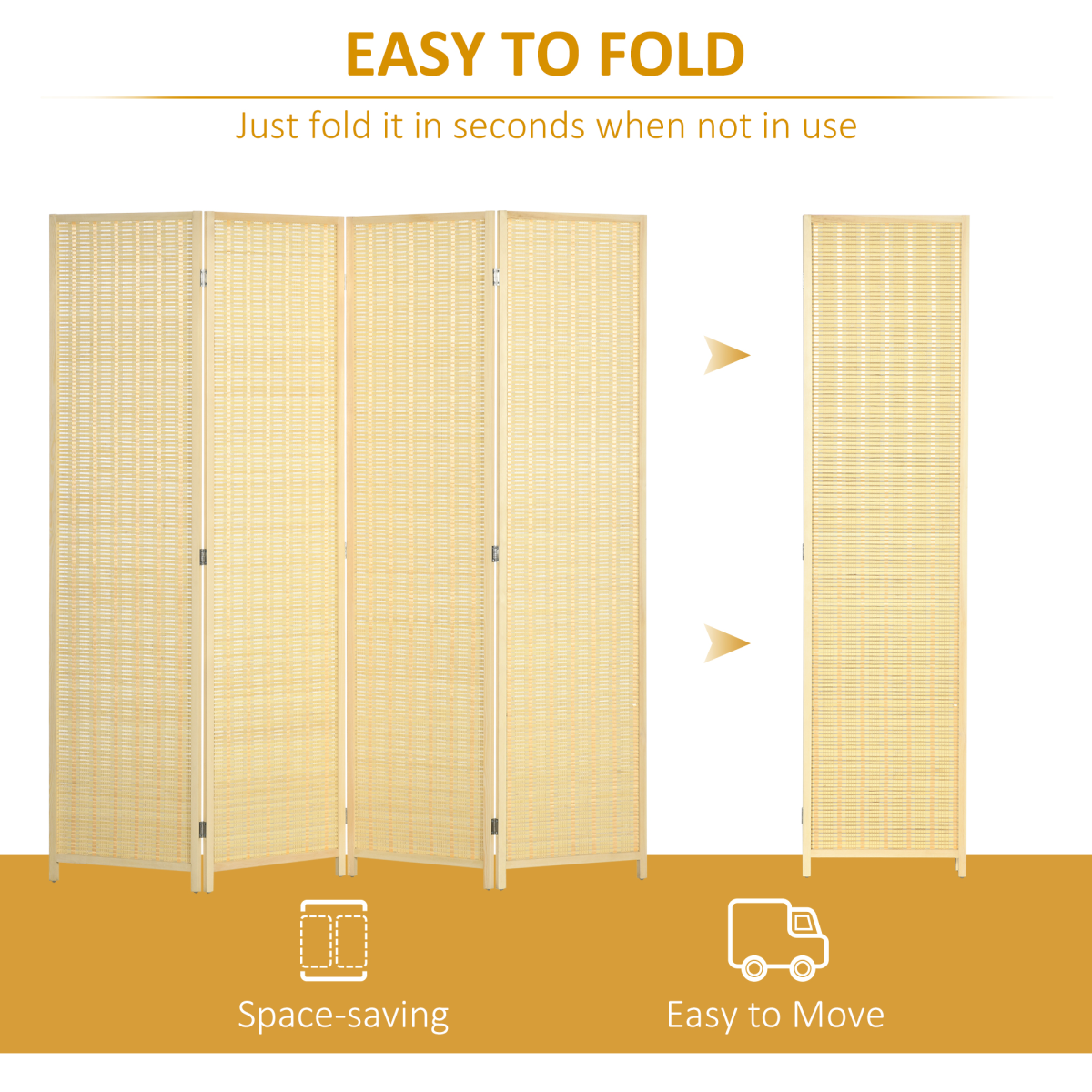 HOMCOM 4 Panel Folding Room Divider Privacy Screen, 170cm – Space Divider with Hinged Panels, Natural