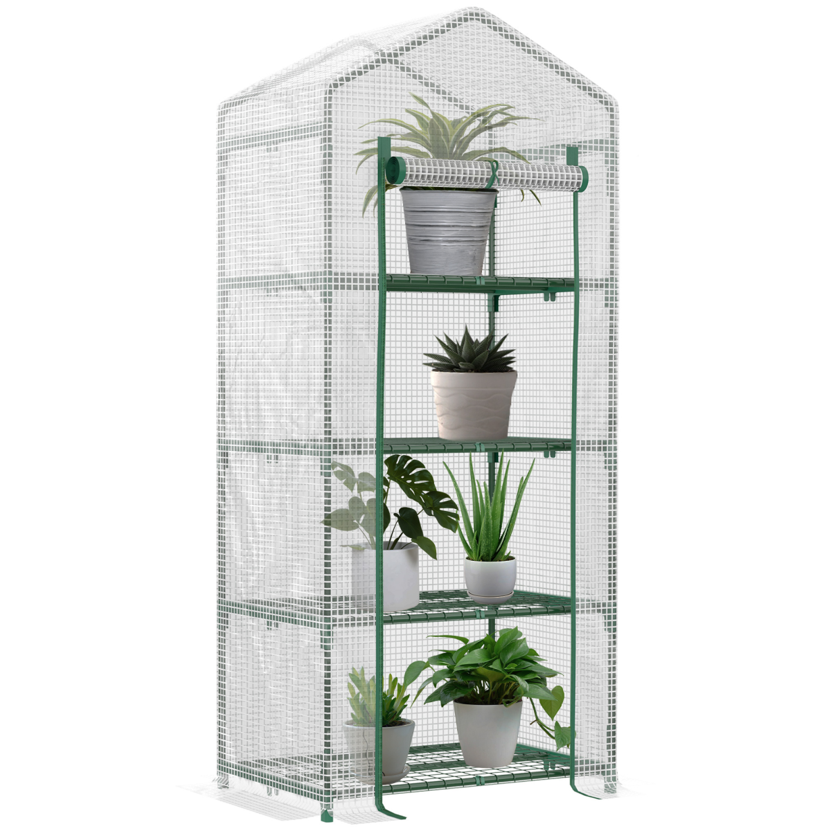 4-Tier Mini Greenhouse with Zipped Roll-up Door – Steel Frame Plant Grow House, 70 x 50 x 160cm, Dark Green & White