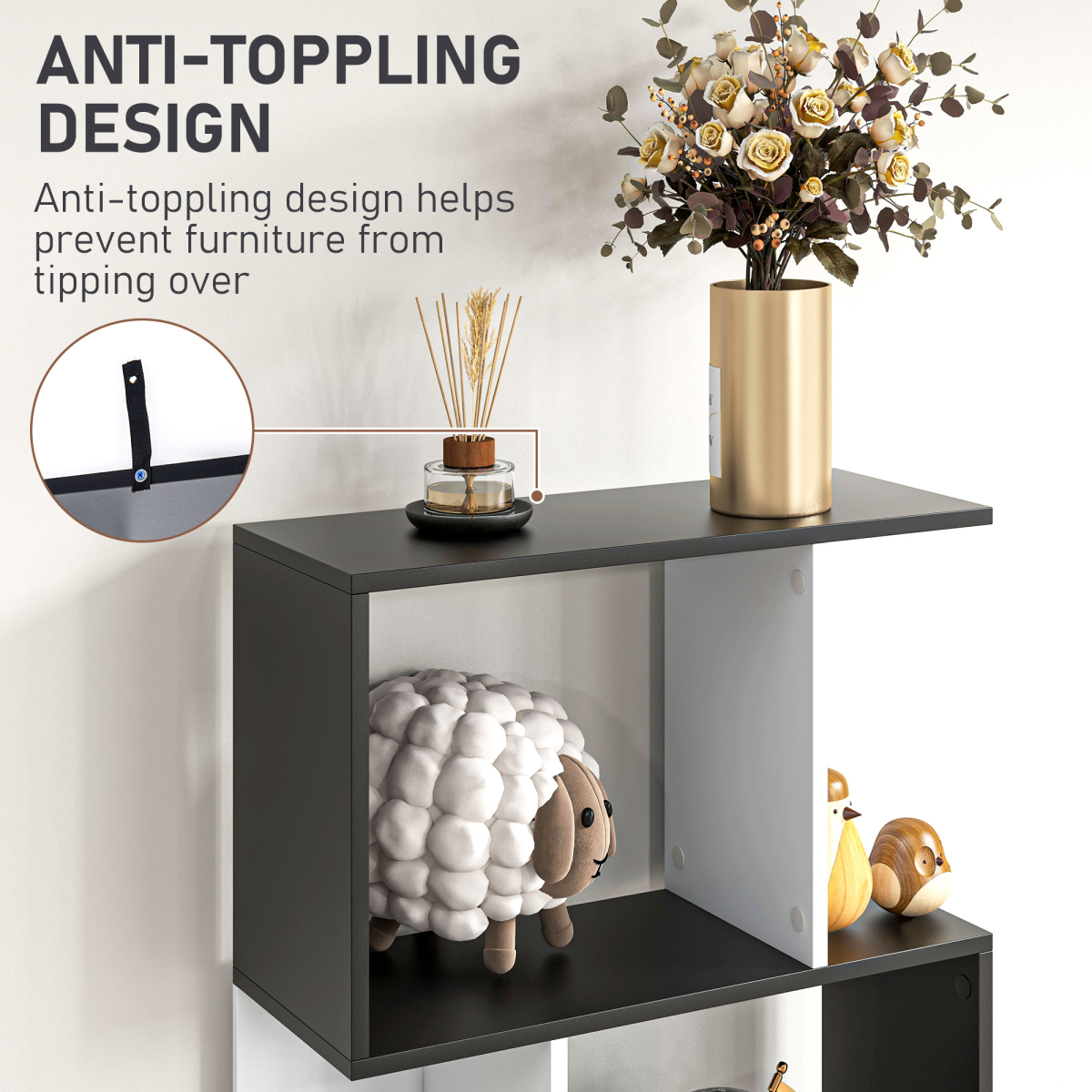 HOMCOM 5-Tier S-Shaped Bookcase – Open-Back Display Shelving and Room Divider, Black