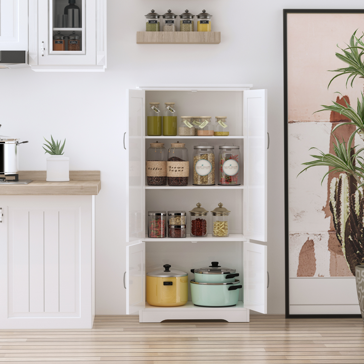 Modern Freestanding Storage Hutch Cabinet with 4 Doors & Adjustable Shelves – Kitchen & Living Room