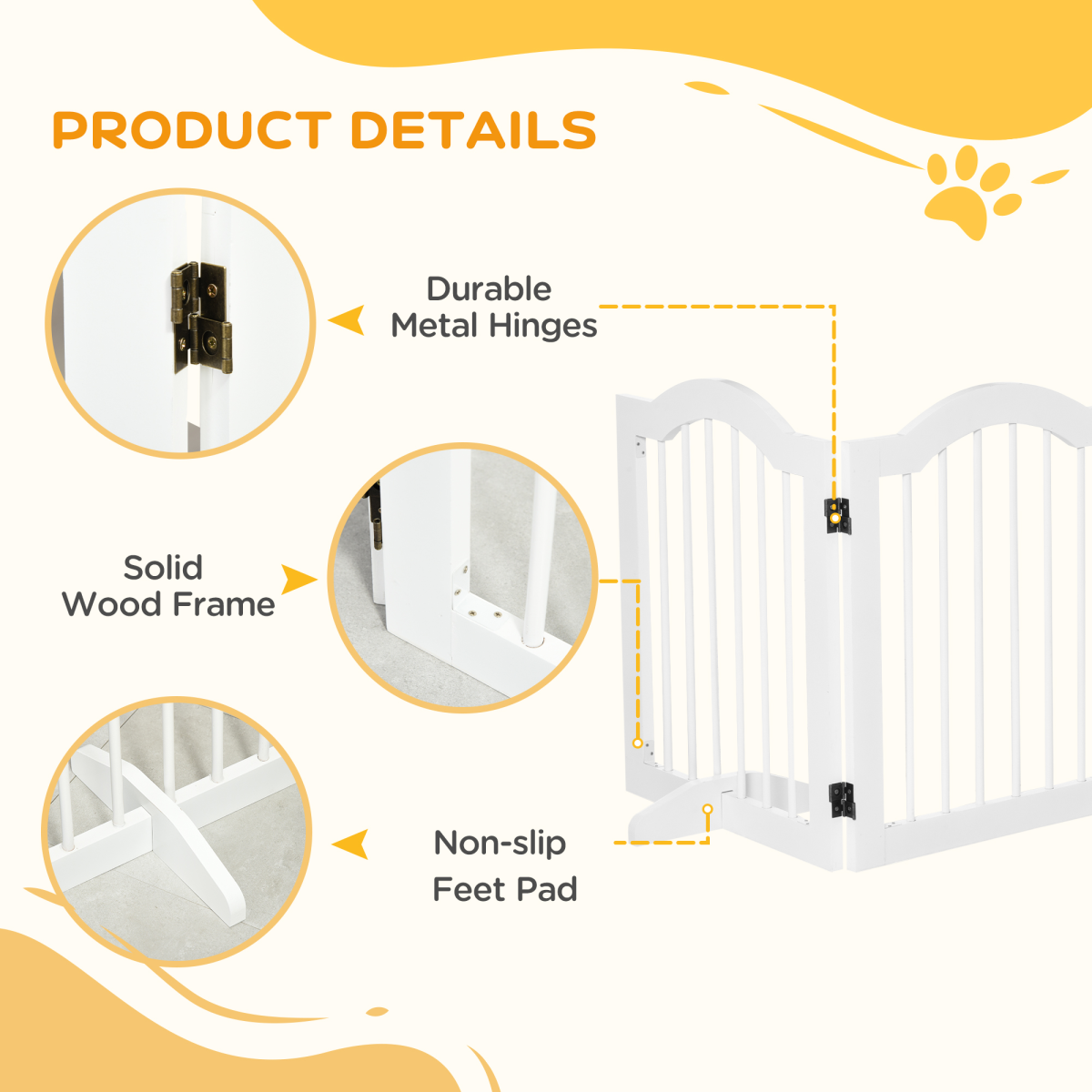 PawHut 3-Panel Freestanding Wooden Dog Gate with Support Feet – Foldable Safety Barrier for Small Dogs, White