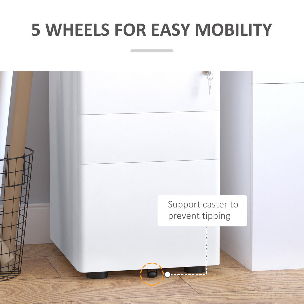3-Drawer Lockable Mobile Metal Filing Cabinet with Wheels – Under-Desk Office Storage, White