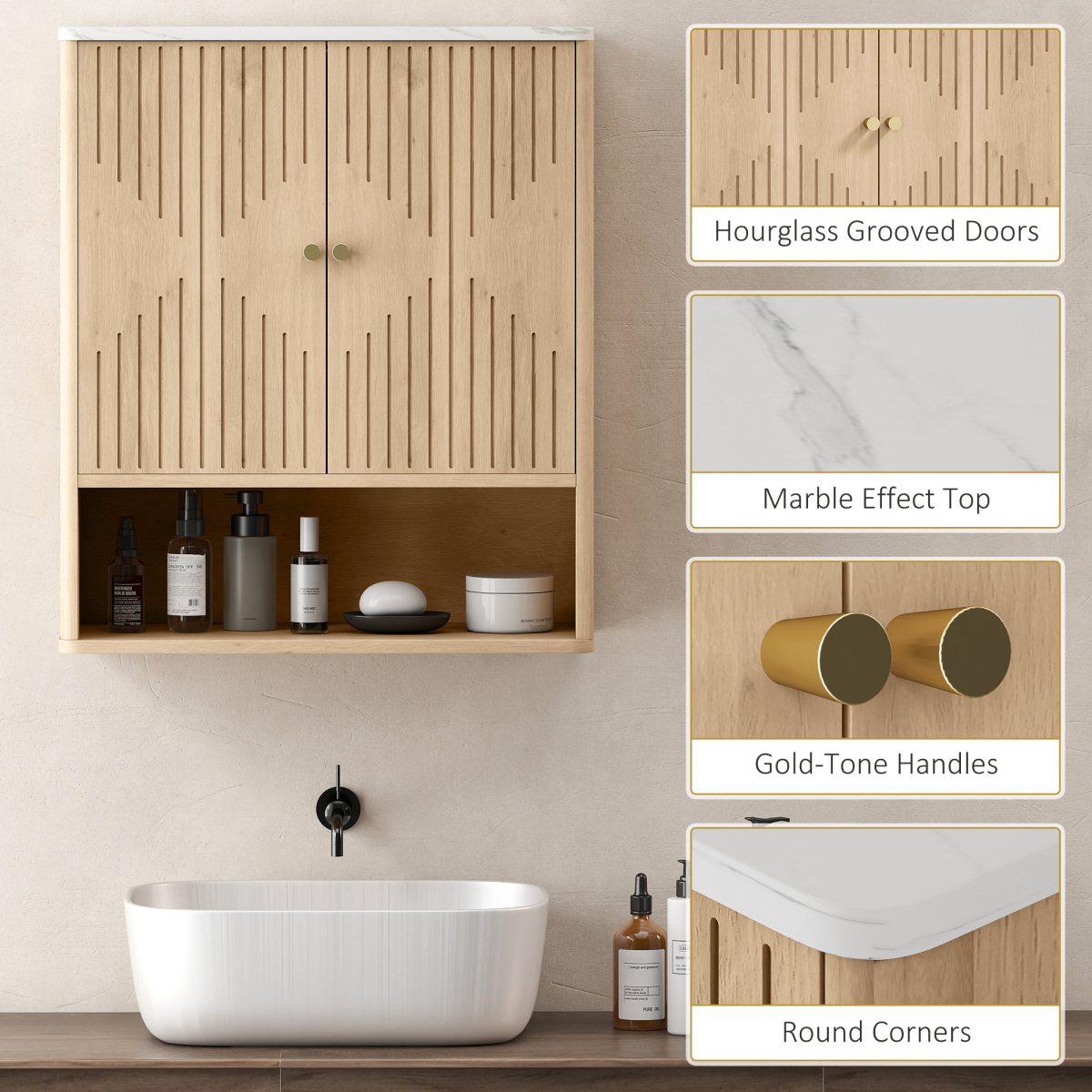 HOMCOM Bathroom Wall Cabinet with Adjustable Shelf and Open Shelf – Wall-Mounted Storage, Oak