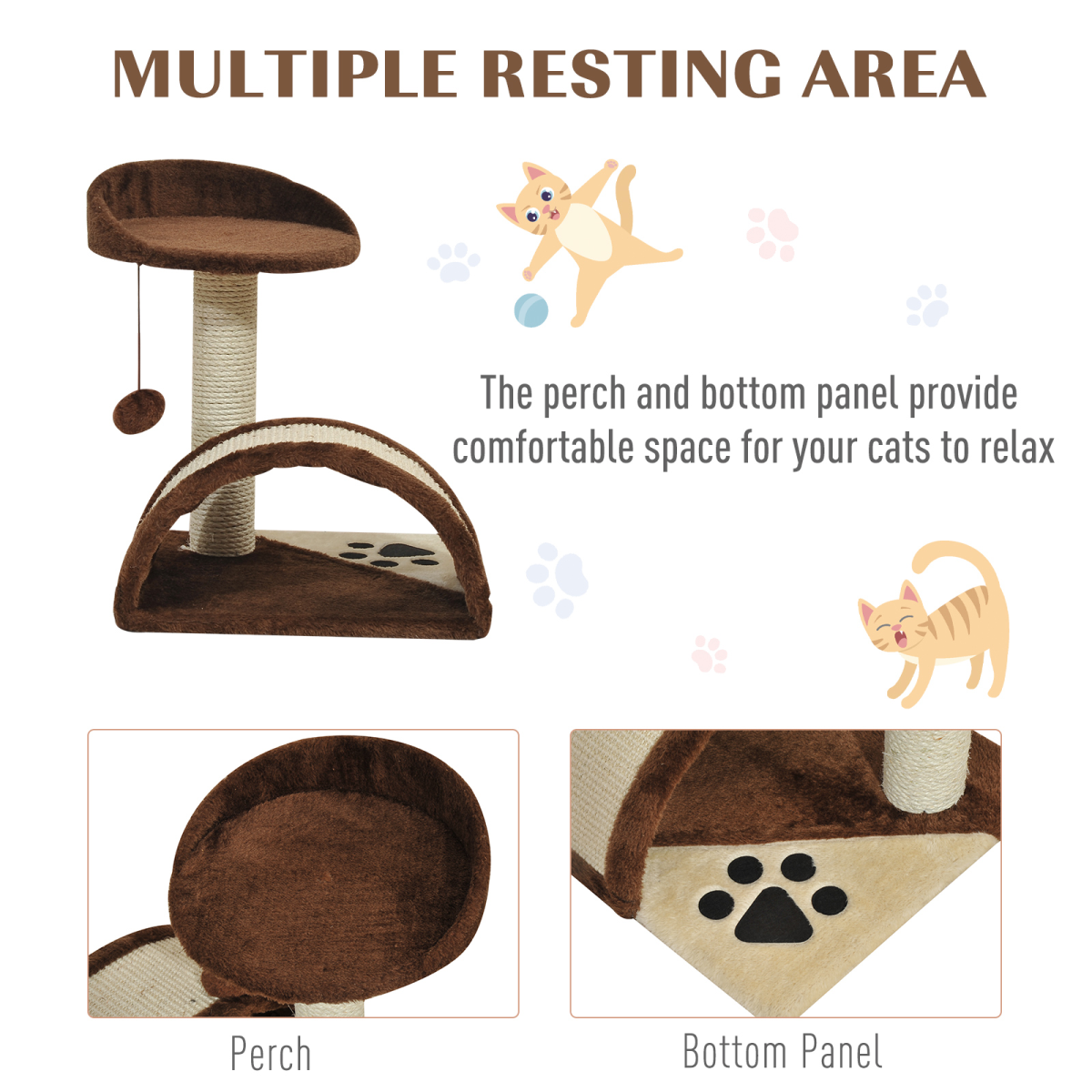 PawHut Cat Tree with Sisal Scratching Posts & Fun Ball Toy – Cosy Play and Rest Tower for Kittens, Brown