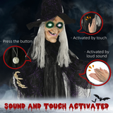 HOMCOM Life Size Witch Prop with Light-Up Eyes and Talking Sounds – Halloween Decoration, Black