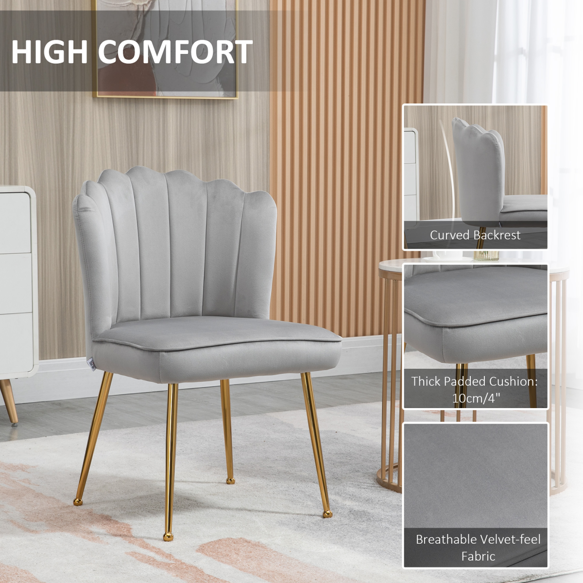 HOMCOM Velvet-Feel Shell Accent Chair with Metal Legs – Scalloped High Back Armchair, Grey