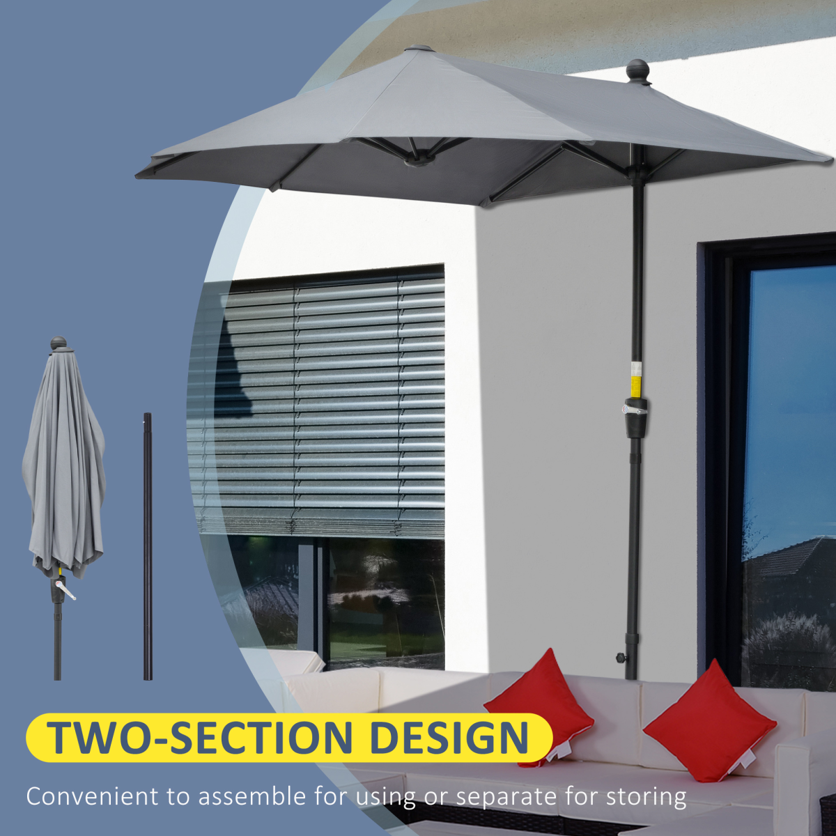 Outsunny 2m Half Garden Parasol with Crank Handle & Base – Double-Sided Canopy for Small Spaces, Dark Grey