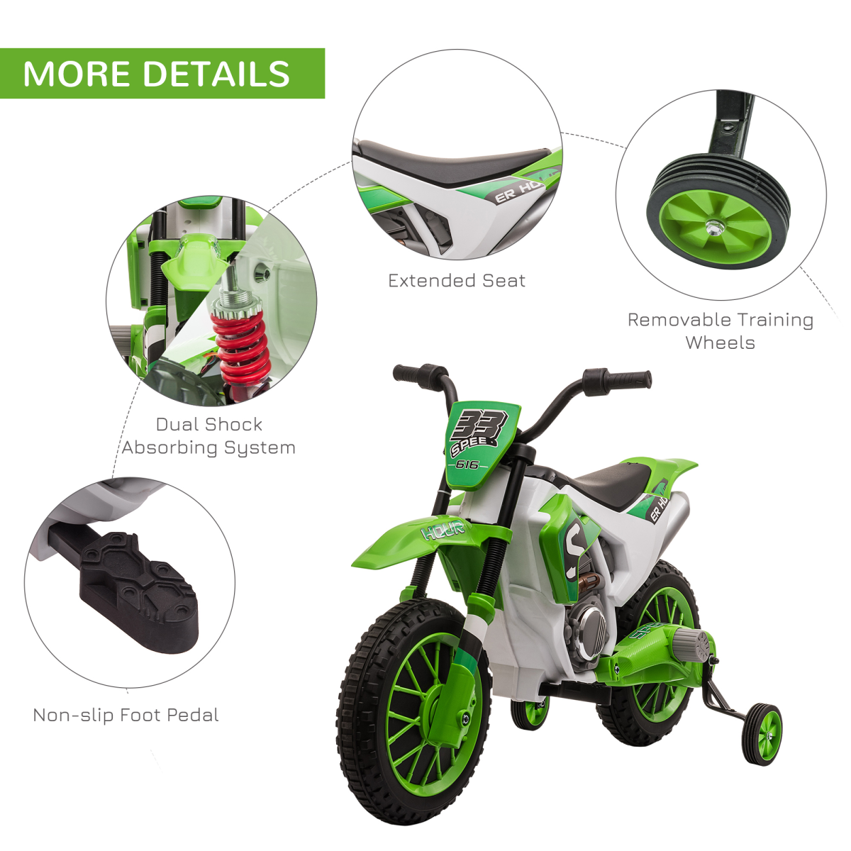 HOMCOM 12V Kids Electric Motorbike with Training Wheels & 2 Speeds – Battery Ride-On for 3-5 Years, Green