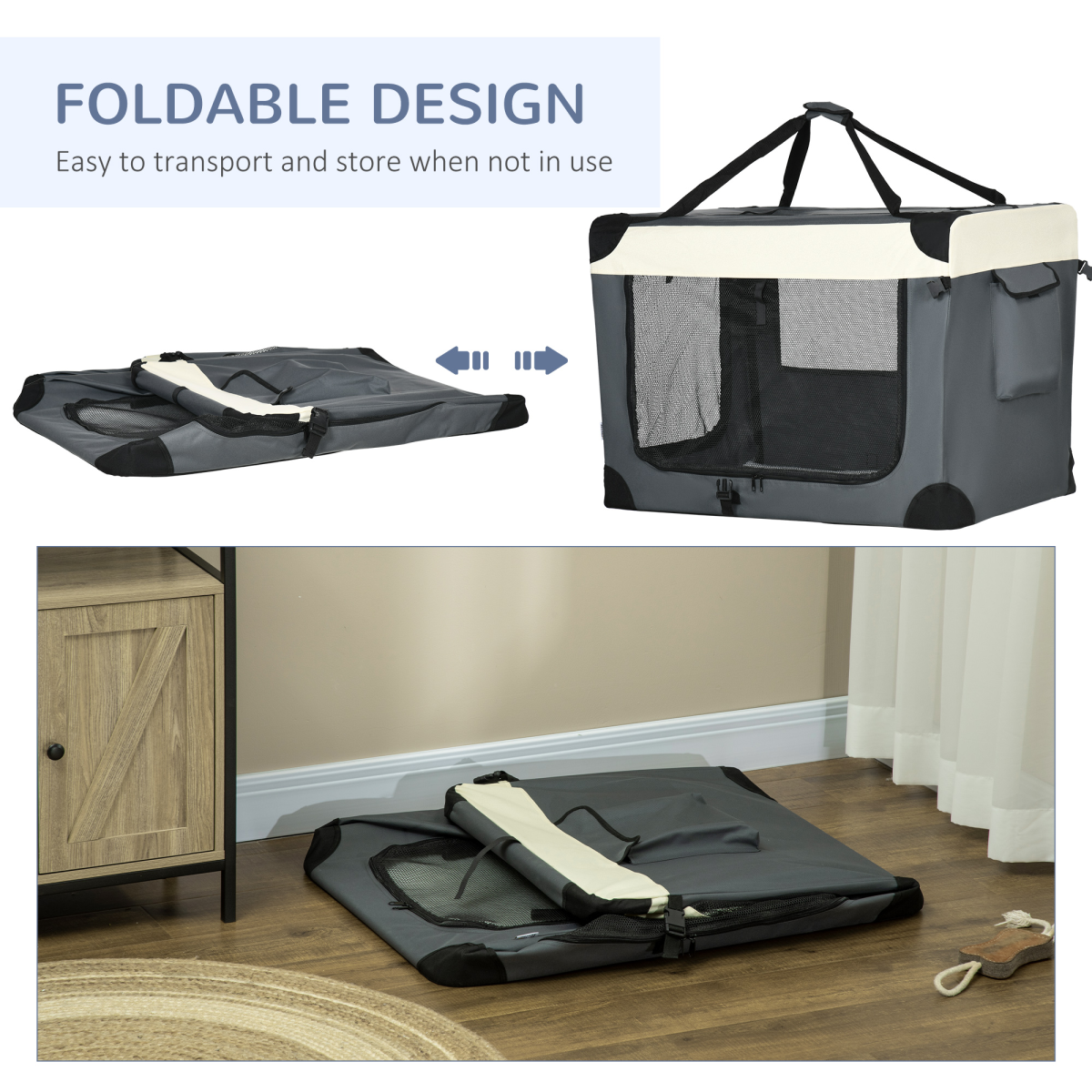 Pawhut 91cm Foldable Pet Carrier with Cushion & 3 Zipped Doors – Soft Bag for Large Dogs and Cats, Grey