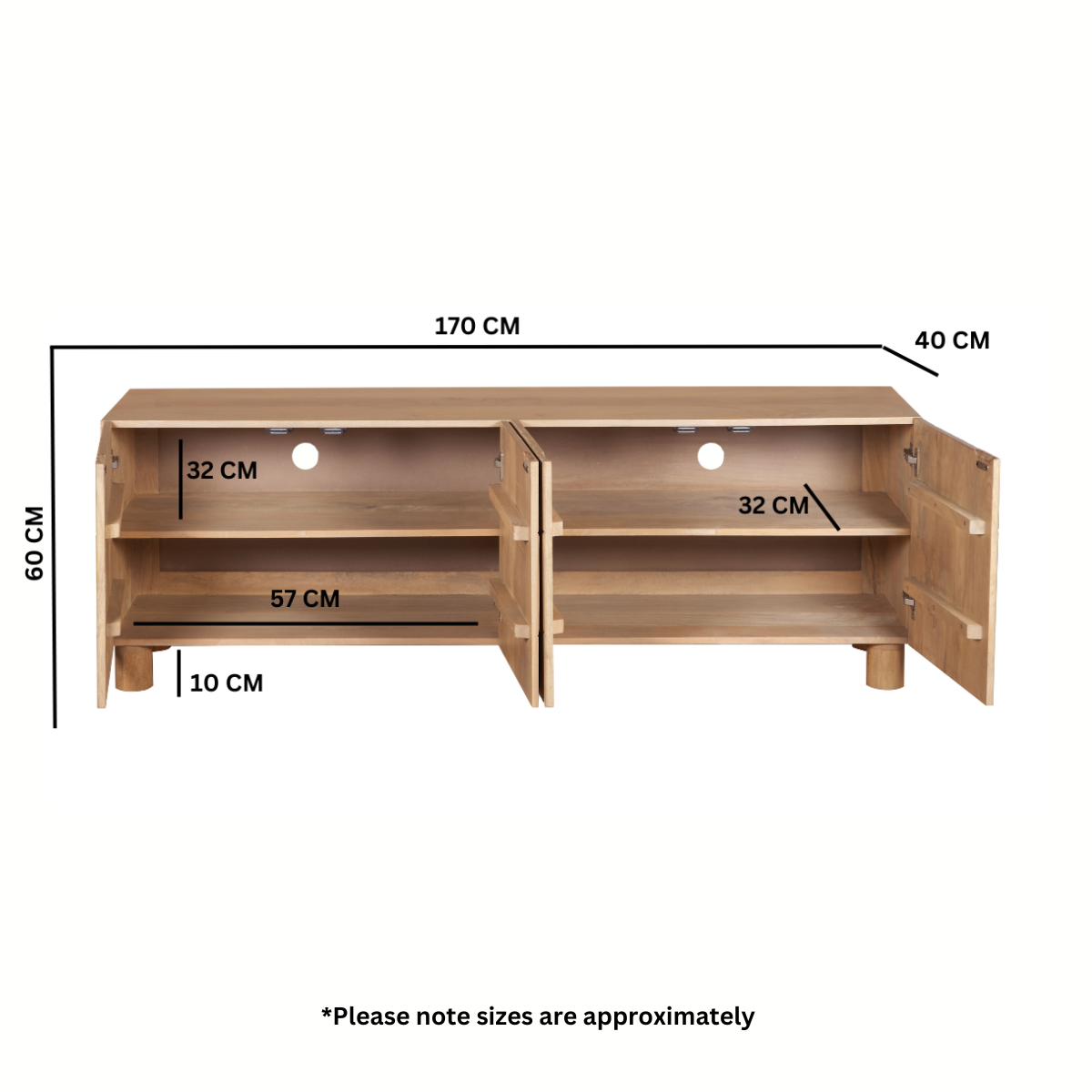 Austin Solid Wood Large Low Board TV Cabinet with Media Storage – Natural Grain Living Room Unit