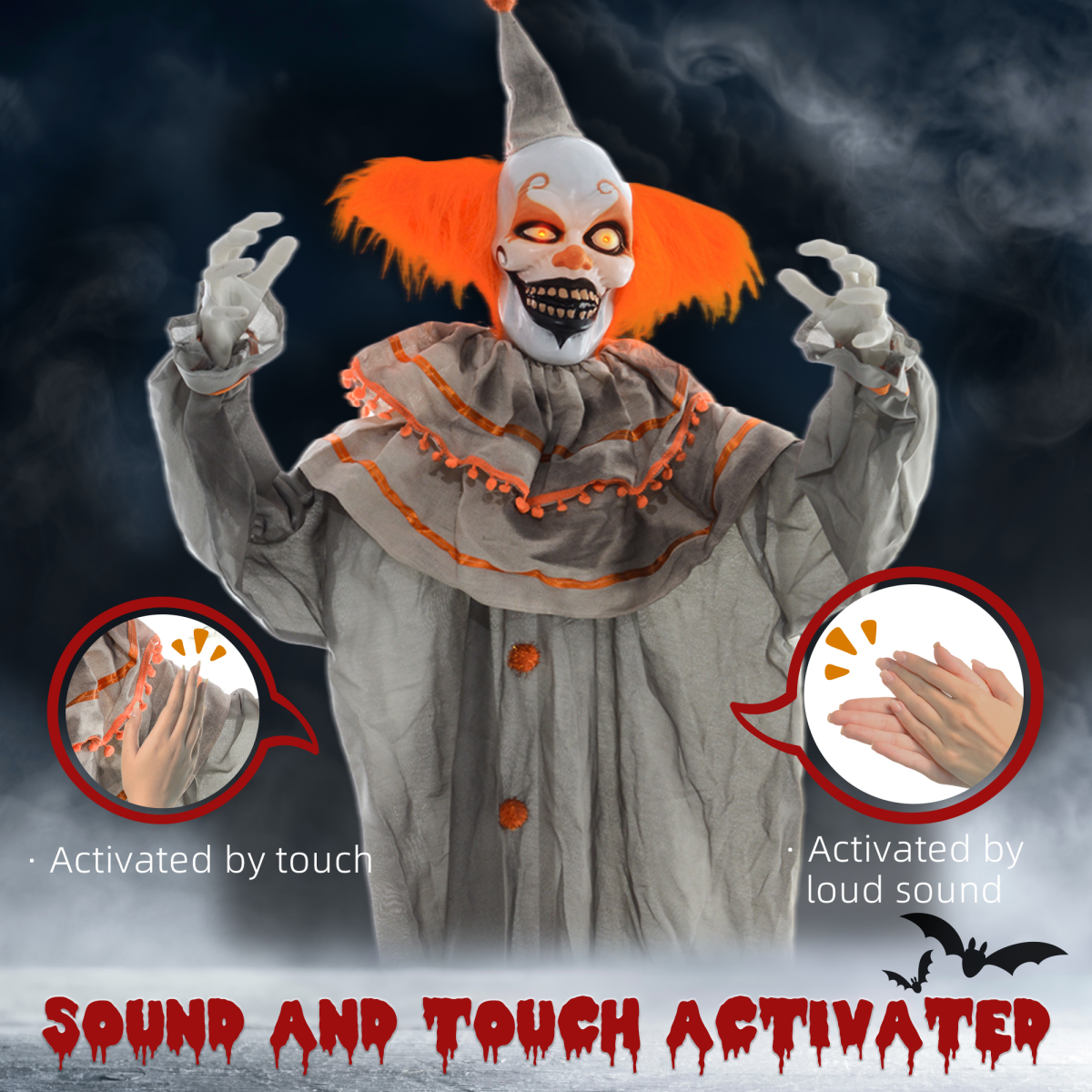 HOMCOM Halloween Clown Animatronic Prop with Light-Up Eyes – Indoor and Covered Outdoor Decoration