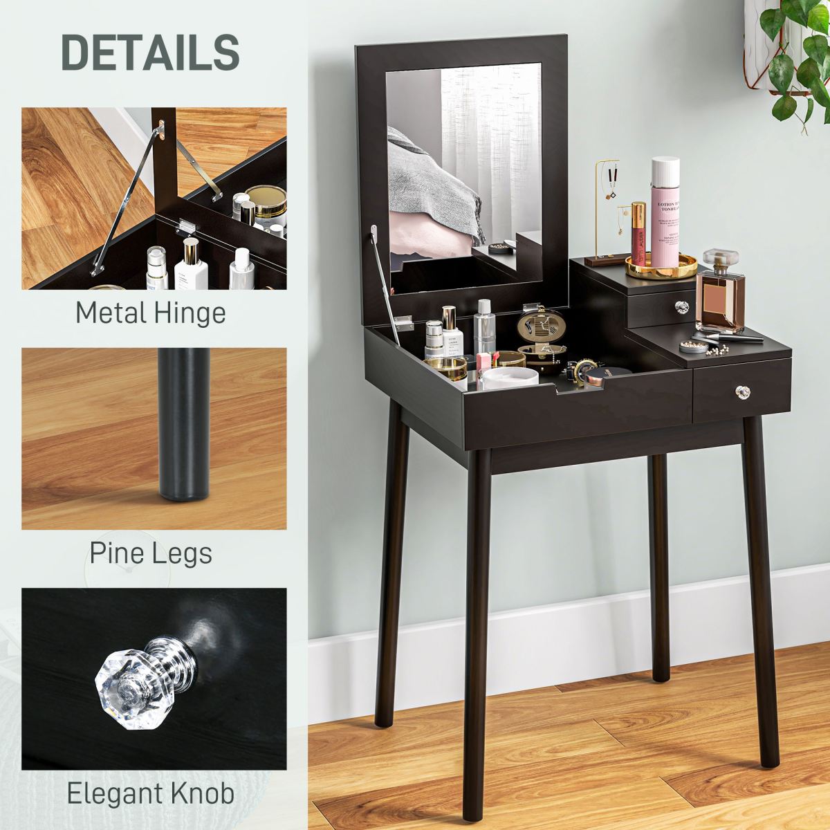 HOMCOM Dressing Table with Flip-Up Mirror and 2 Drawers – Vanity Makeup Desk and Writing Desk, Black
