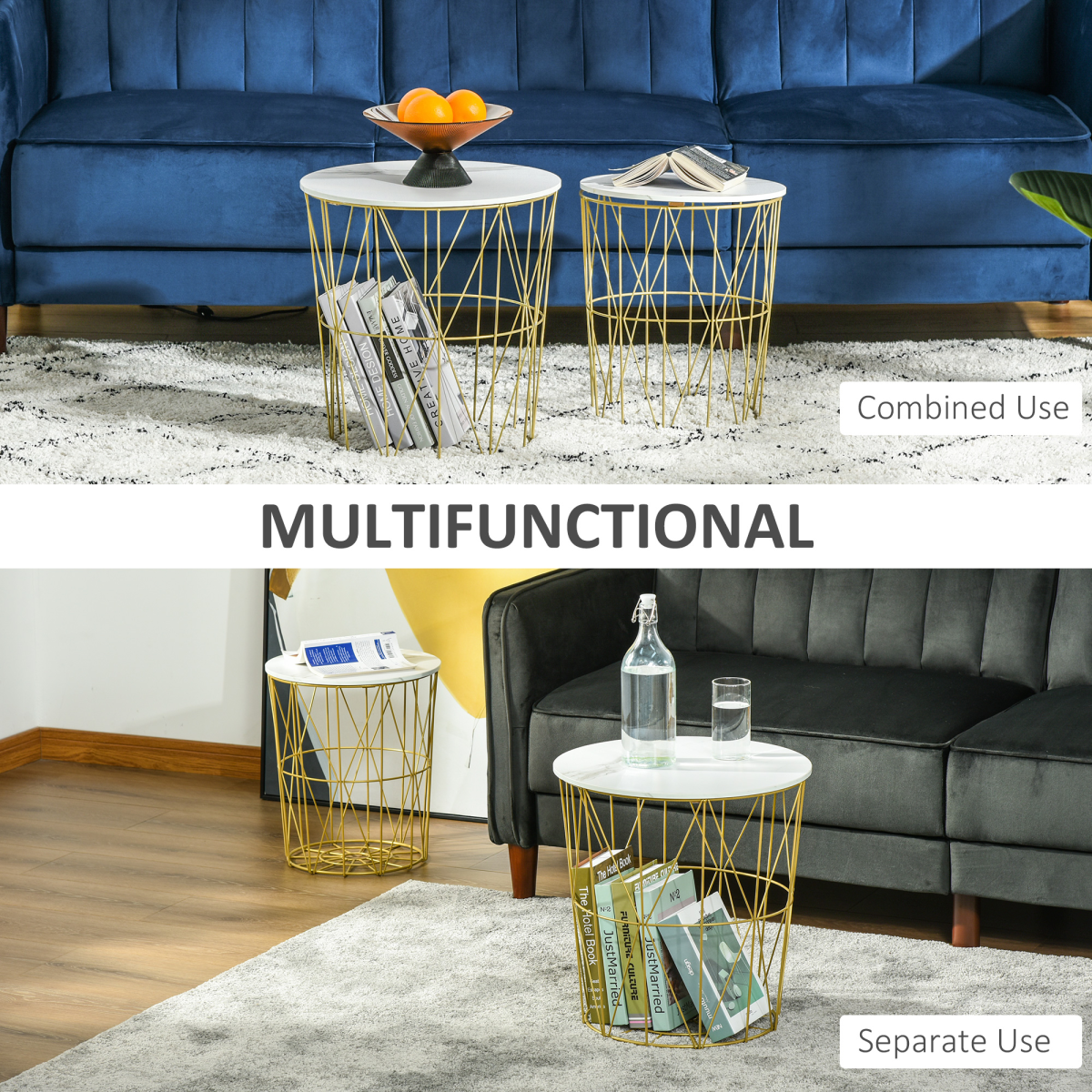 HOMCOM Set of 2 Nesting Side Tables with Marble-Effect Removable Top and Basket – Gold Steel Frame, White