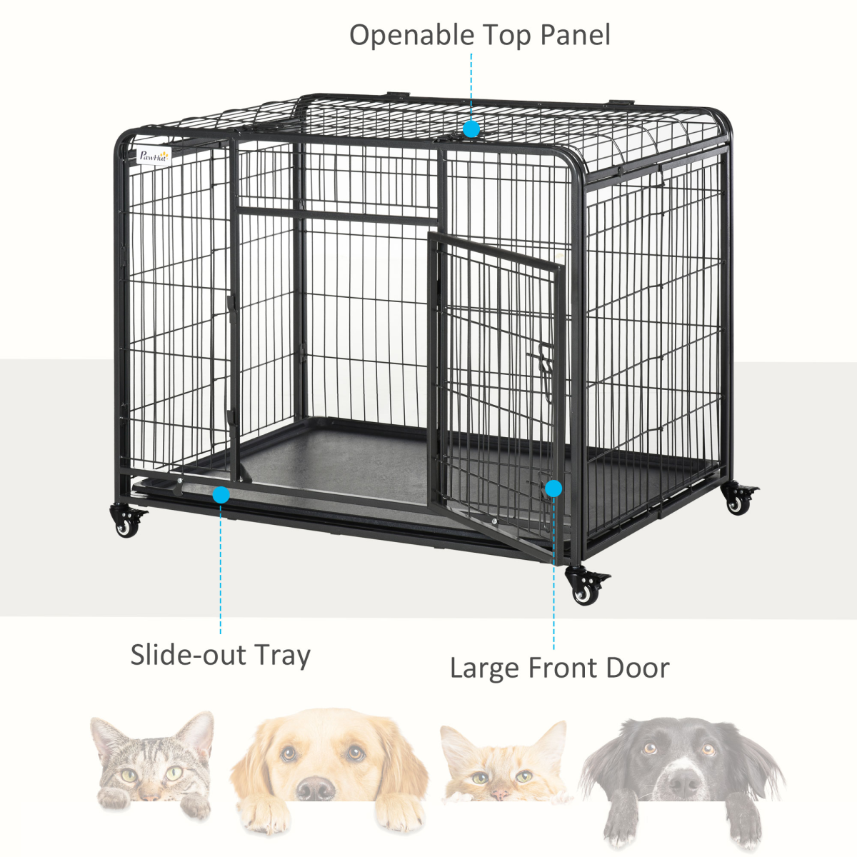 PawHut Foldable Metal Dog Crate with Lockable Doors, Wheels & Removable Tray – Large Dog Kennel