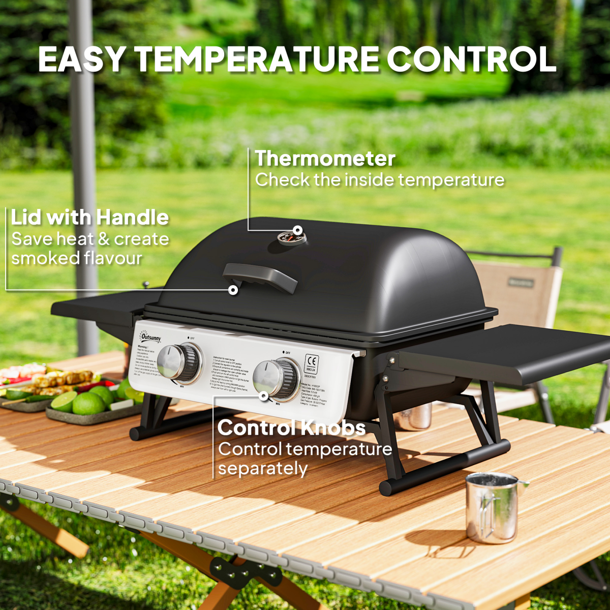Outsunny Portable Tabletop Gas BBQ Grill with 2 Burners, Lid & Thermometer – Compact Outdoor Barbecue, Black