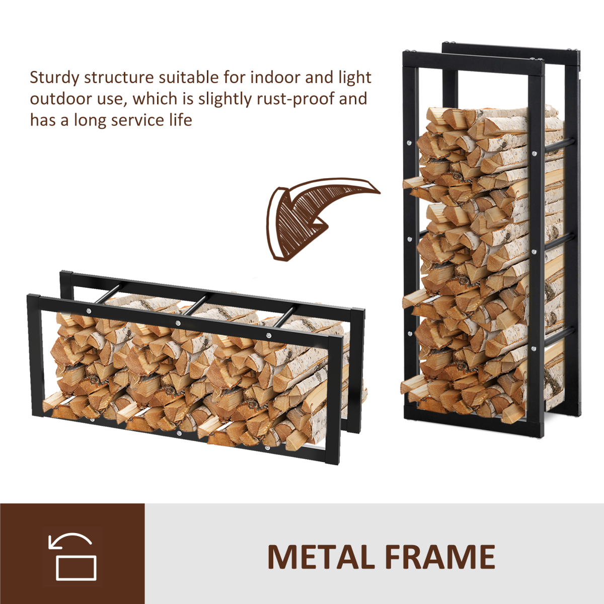 HOMCOM Rust-Resistant Metal Firewood Log Rack – Holds up to 100kg, Indoor & Light Outdoor Use, Black