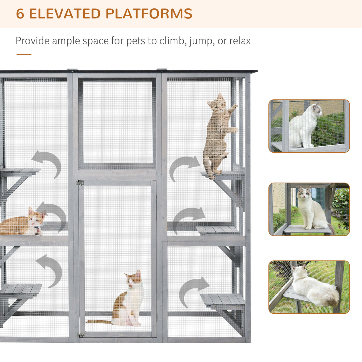 PawHut Wooden Cat House with Platforms – Enclosed Outdoor Catio for Multiple Cats, Weatherproof Roof, Grey