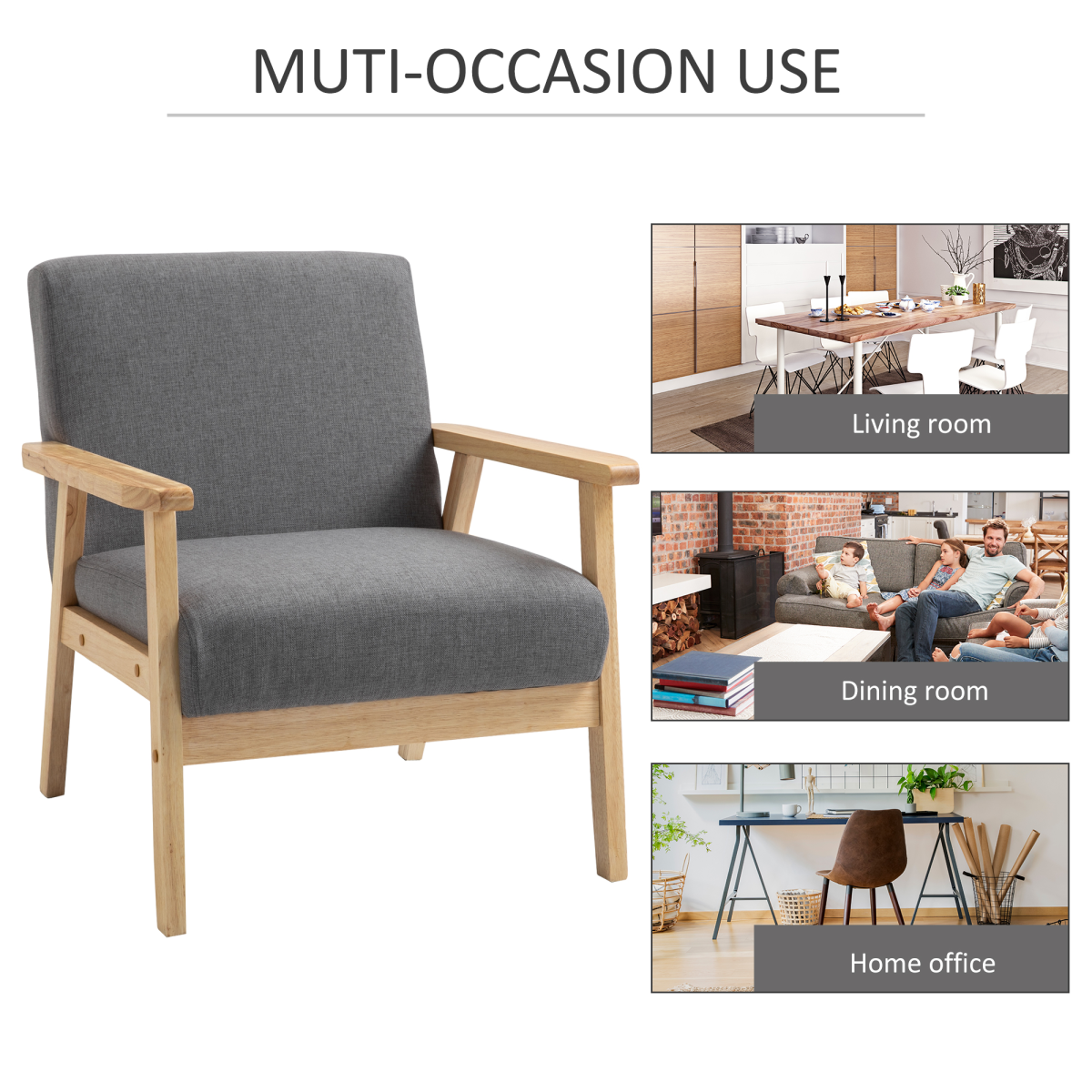HOMCOM Linen Upholstered Accent Armchair with Solid Pine Wood Frame and Thick Cushions – Grey/Oak